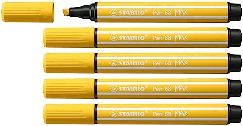 STABILO Pen 68 MAX - Premium Fibre-Tip Pen with Chisel Tip - ARTY - Pack of 5 - Yellow