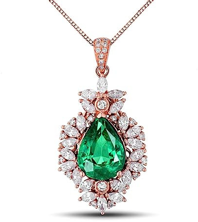Flower Necklace for Women, Diamond Necklace Long Rose Gold Pear Shape with Emerald Pendant Jewelry