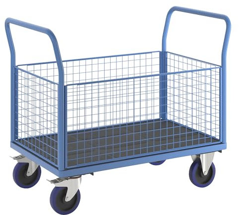 eurokraft | pro | Plattformwagen mit Gitterwänden | Vollelastik-Rollen | 4 hohe Gitter | LxB 1200 x 750 mm