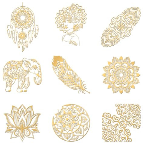 OLYCRAFT 9 Stück 4x4cm Mandala Aufkleber Elefanten Aufkleber Selbstklebende Goldene Metall Aufkleber Feder Metall Aufkleber Für Sammelalben DIY Basteln Telefon Dekoration