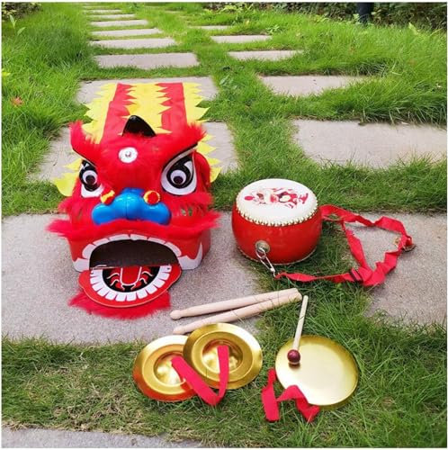 Quepiem 14 Pouces Costume de Danse du Lion du Nouvel an Chinois Danse du Lion Costume de Sport de Plein air Tambour Gong cymbales Costume de Danse du Dragon et du Lion pour 5-12 Ans garçon (Red)