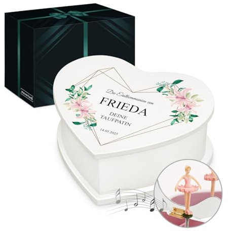 Maverton personalisierte Musikschmuckdose in Herzform mit Aufzieh-Spieluhr - Schmuckkästchen Ballerina Spieldose - Herz Schmuckkiste für Mädchen zur Taufe Erstkommunion - zu Weihnachten - Kommunion