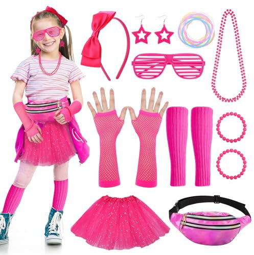 Partideal 80s Fancy Dress Costume for Girls, 23Pcs 1980s Outfit Accessories Set Tutu Skirt Leg Warmers Fishnet Gloves Necklace Bracelets Bow Headband Star Earrings Glasses Bumbag (Pink)