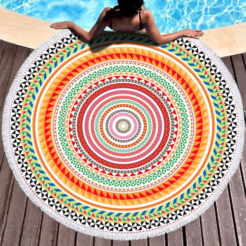 LXTOPN Strandtuch Rund, Strandtuch Mandala, Mikrofaser Strandtuch XXL, Badetuch groß Stranddecke Yogamatte Handtücher mit Quasten(Y12)
