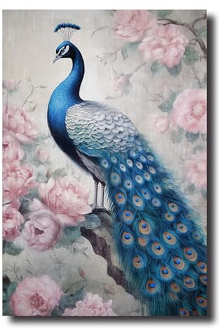 LZIMU Pfauen Leinwand Bilder blaue Pfauenfeder Malerei Drucke elegante Blumen Tierbild Vintage Kunstwerk für Schlafzimmer Wohnzimmer (Bild-4, (30.00 x 45.00 cms))