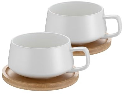2er Set Cappuccino Tassen mit Unterteller, 320 ml Kaffeetassen, Espressotassen aus Steingut für Tee Kaffee Cappuccino, Kaffeebecher mit Holzscheibe, Weiß