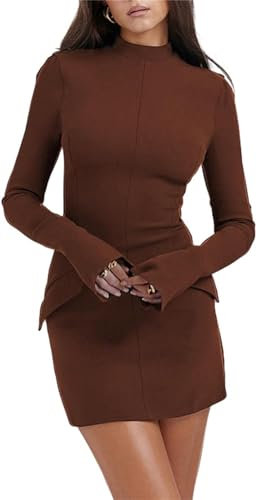 ERISAMO Afloura Cargo Mini Dress for Women, Black Mini Dress Long Sleeve, Fashion High Neck Wrap Dress for Women (S, Brown)