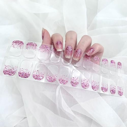 22PCS Gel Nail Stickers, Semi Cured Nail Wraps Purple Glitter Self-Adhesive Gel Nails Strips, Full Wraps Nails Polish Stickers with Soft Glossy Gels Finish, French Manicure Sticker for Women and Girls