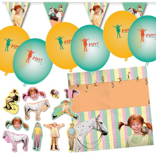 Deko-Set * PIPPI LANGSTRUMPF * für Kindergeburtstag, Mottoparty und Party | 62 Teile mit Servietten + Konfetti + Wimpelkette + Luftballons | Kinder Deko Partydeko, Edition: Pippi Langstrumpf