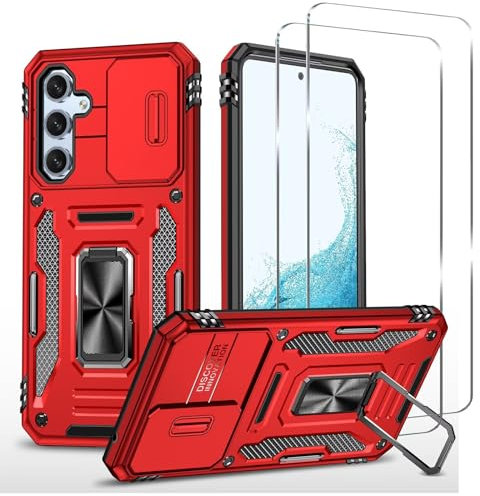ESONG Cover per Samsung Galaxy A15,Custodia Protettiva di Grado Militare e con Scorrevole Fotocamera Proteggi/ 2 Pezzi Pellicola Vetro Temperato/360° Magnetica Anello Supporto-Rosso