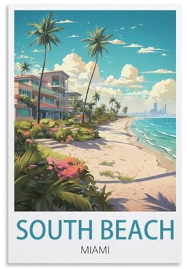 LHJOIUN South Beach Miami Vintage-Reiseposter, 30 x 45 cm, Kunstdruck auf Leinwand, für Wohnzimmer, Schlafzimmer, Heimdekoration, moderne Kunst