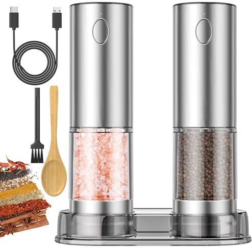 Salz und Pfeffermühlen Elektrisch, 2er Set USB elektrische Gewürzmühle, Mahlen Einstellbare Grobheit mit Sockel LED-Licht Reinigungsbürste Holzlöffel für BBQ Restaurant Küche