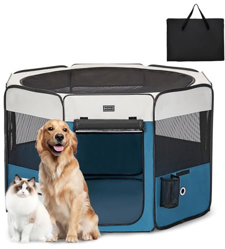 PETSFIT faltbar Welpenauslauf Tierlaufstall für Kleintiere Hunde Katzen,Hundelaufstall Freigehege mit Wasserdichter Boden,Pop-up System Kausicheres Design,Grau/Blau,116 * 106 * 70cm