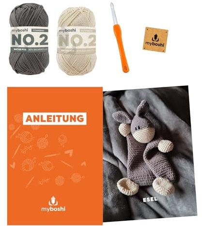 myboshi Häkelset Schnuffeltuch Esel für Anfänger, inkl. No.2 Wolle, Häkelnadel, Maschenmarkierer, Füllwatte, Label, 85% Baumwolle, 15% Kapok, Grau mit Häkelnadel
