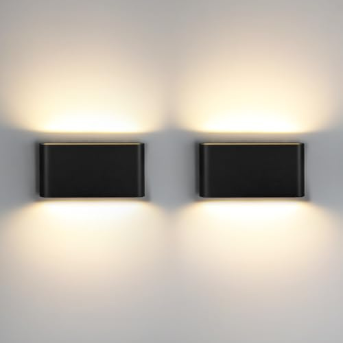 Kerry Up and Down Outdoor LED Wall Light, Mains Powered, 12W 3000K, 2 Pack | Modern Black Aluminium Design with Integrated Warm White LED, IP44 for Living Rooms, Hallways, Stairs, Patios and Entrances