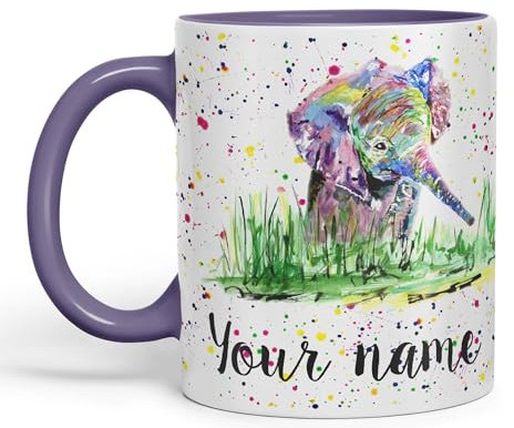 Vixar Personalised Mug with Your Text Name Elephant Baby Animals Watercolour Art Coloured Ceramic Mug Cup Gift 330ml 11oz Custom Work Office Tea Coffee (Purple)