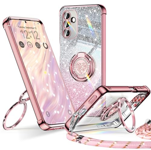XYZ Coque pour Samsung Galaxy A15 5G Con Cordon, Mignonne et Luxueuse, Double Anneau Motif Cœur d'amour pour Femmes et Filles, Pailleté Souple Coque Samsung A15 5G, Or Rose