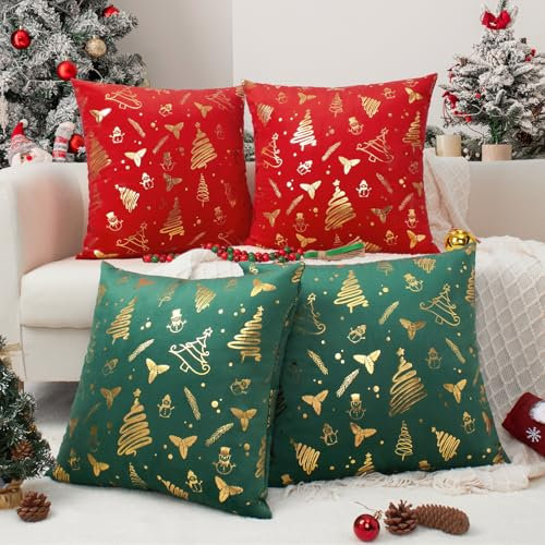 Softalker Kissenbezug Weihnachten 40 x 40 4er Set Rot Grün Samt für Weihnachtskissen Sofakissen Dekokissen Kissenbezüge Kissenhülle Weihnachten deko für Schlafzimmer Wohnzimmer Tischdeko Geschenke
