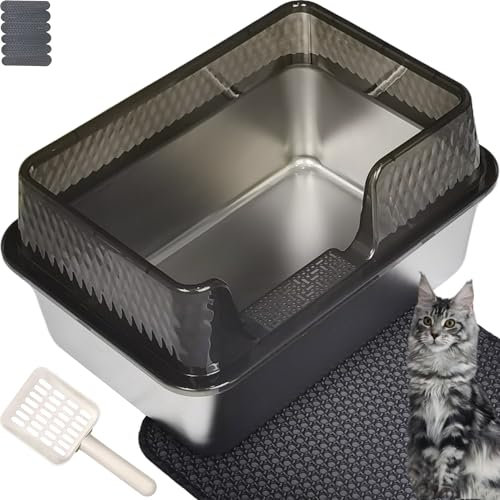 Pawsayes Stainless Steel Cat Litter Box with Lid for All Cats Extra Large Cat Litter Trays with 15cm Anti-Splash High Wall Sided Enclosure Cats Litter Tray (50x35x25 cm) (Transparent)