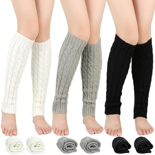 PRZRAO 3 Paia Scaldamuscoli Da Donna, Di Scaldamuscoli Invernali, Scaldamuscoli Lavorati A Maglia, Ginocchio Gambe Caldi e Alta all'uncinetto (Nero + Grigio + Bianco)