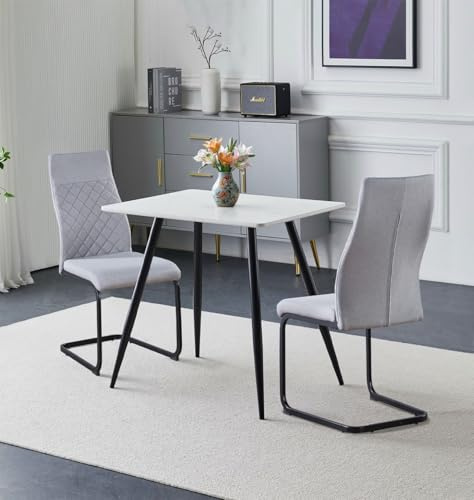 Hallowood Furniture Cullompton Dining Table and Chairs Set 2, White/Gray | 80x60 Rectangular Small Kitchen Table, White Marble Effect, with Diamond Quilted Cantilever Chairs, Compact Dining Room Set