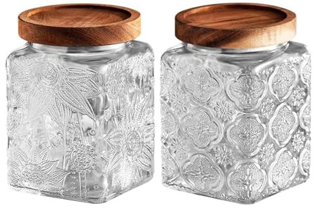 YOUSIS Vorratsdosen Glas mit Deckel Luftdicht, Vorratsgläser Glasbehälter 700ML (Clear Begonia Sunflower,Square,800ml/28oz)