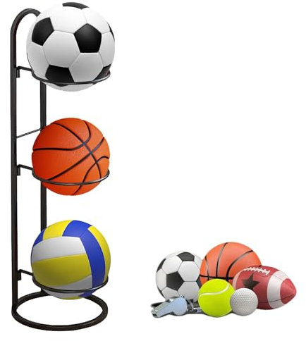 3 Tier Ball Storage Rack, Vertical Ball Storage Rack, Ball Stand, for Storing Footballs, Basketballs, Volleyballs, Black