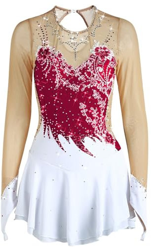 Kmarouse Damen-Eiskunstlaufkleid for Wettkampf Und Leistung. Glitzernde Strass-Eislaufkleider(Red,XXXS)