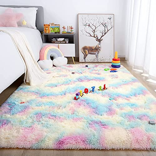 Aexpath Weicher Batik-Teppich für Schlafzimmer, Wohnzimmer, bunt, flauschig, klein, groß, Regenbogenfarben, 140 x 200 cm