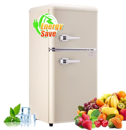 Retro Mini Fridge with Freezer, 3.2 Cubic Feet Mini Refrigerator, Small Fridge with Adjustable and Removable Double Doors, Suitable for Office, Bedroom, Bedroom or Cabin