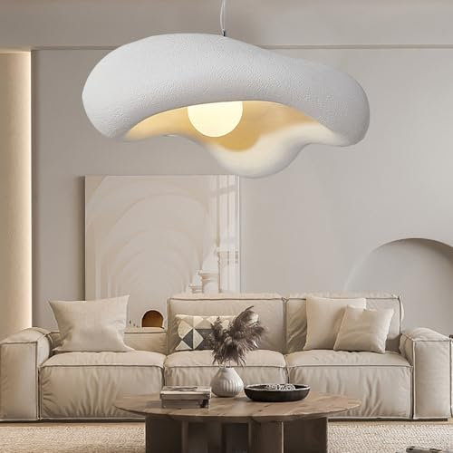 AIAO Hängelampe Wabi Sabi Stil Polystyrol Pendelleuchte Retro Japanischer Vintage Esszimmer Lampen for Küchenlampe Schlafzimmer E27 Nordic Hängelampe Esstisch Nachttisch Hängeleuchte 60cm(Weiß)