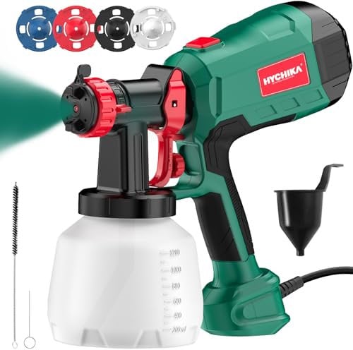HYCHIKA 600W Farbsprühsystem, 1200ML HVLP Farbsprühgerät, 3 Sprühmuster, 4 Düsen und 2 Reinigungswerkzeuge, Verstellbarem Farbfluss Farbspritzpistole für Wand und Holz, Metalle