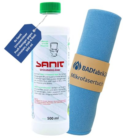 BADfabrik24 Sanit Urinsteinlöser 6 x 500 ml mit Mikrofasertuch 40 x 40 cm gegen Urinstein, Kalk und Rost für WC, Urinal, Bidet und Waschbecken