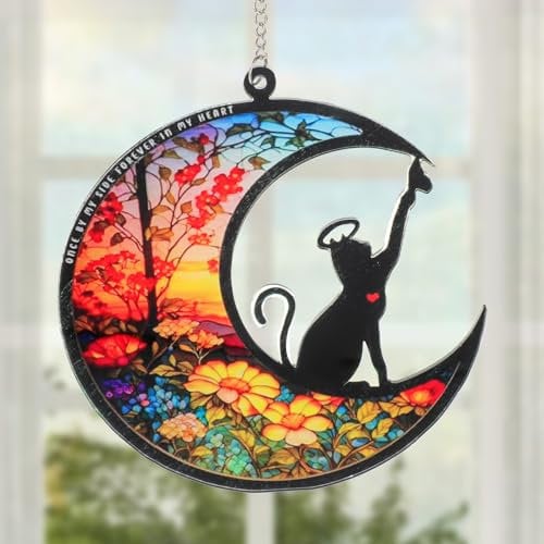YUXIANLB Personalized Cat Memorial Gifts for Loss of Cats Custom Sympathy Suncatcher with Name Date Pet Remembrance Gift for Cat Lovers Moon Hanging Ornament for Window Christmas Decor Pet Keepsake