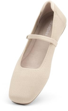 NIEARDAN Women's Ballet Flats Square Toe Slip On Shoes Knit Dress Mary Jane Flats Woman Comfy Soft Causal Work Walking,Size 08，Almond