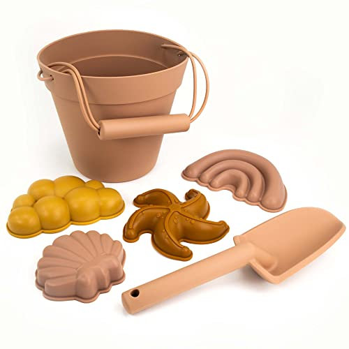 Olgs Silikon Sandspielzeug 6-teilig - Rosa Regenbogen-Design, Eimer, Schaufel, Meerestier-Förmchen für Mädchen ab 1 Jahr - Strand & Sandkasten