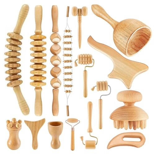 16 Pièces Massage Thérapeutique en Bois, Kit Maderotherapie Anti Cellulite Massage Professionnel pour Mise en Forme du Corps, Drainage Lymphatique, Soulagement des Douleurs Musculaires