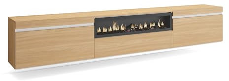 Skraut Home | Meuble TV | Banc Télé | Grand Espace de Rangement | 260x45x35cm | TV Grand Format | Cheminée électrique | Suspendu, Mural | Style Moderne | Chêne Soft et Blanc