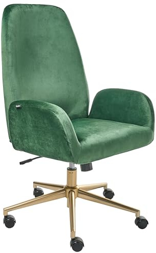 Beliani Office Chair Green, Black, Gold Velvet Upholstered 360° Swivel With Backrest, Clare