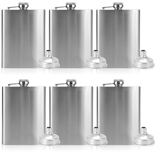 6 petacas de acero inoxidable para licores, 8oz/200 ml, petaca con embudo, petaca para whisky, adecuada para llevar alcohol para senderismo, camping, exteriores, portátil