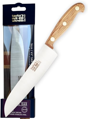 Taylors Eye Witness Sheffield Made Heritage Oak Santoku Knife - High Carbon Stainless Steel Razor Sharp Blade with Full Tang, Ergonomic Wooden European Oak Handle & Brass Rivets. 17cm / 6.5in