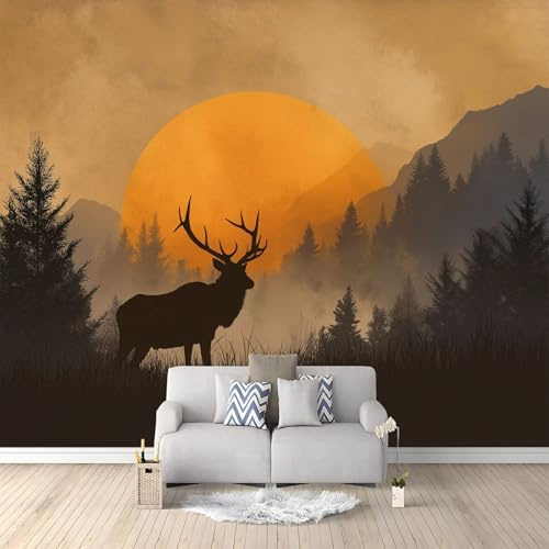Fototapete Wald Tiere Hirsch Silhouette 400x280 cm 3D Vliestapete Wandbild, Mustertapete Moderne Wandtapete, Wohnzimmer Schlafzimmer Kinderzimmer Büro Flur Wanddeko