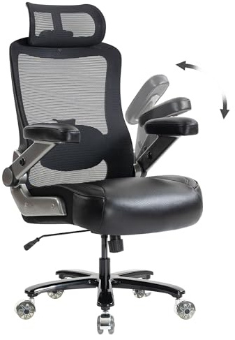 AISALL Ergonomischer Bürostuhl mit Lordosenstütze & Kopfstütze, bis 350 kg belastbar, Höhenverstellbar, Mesh-Rückenlehne mit Kippfunktion, Verstell- & Klappbare Armlehnen, Breiter Sitz, Schwarz