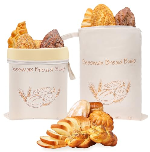 2Pack Reusable Beeswax Bread Bag with L Shaped Zipper, 42×33 cm Large Capacity Natural Beeswax-Lined Cotton Storage Bags, Freshness Keeper for Homemade, Bakery Essentials (2PACK)