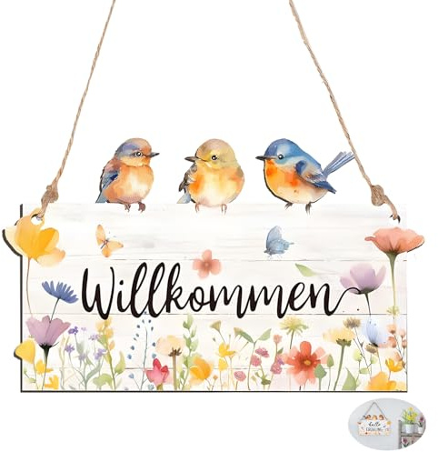 Willkommen Schild, 20x12cm Ostern Deko für Haustür Hallo Frühling Gartendeko Türhänger Osterdeko Frühlingsdeko Vintage Hängedeko mit Seil Vogel Blumen Beidseitig Für Die Dekoration Von Haus Garten