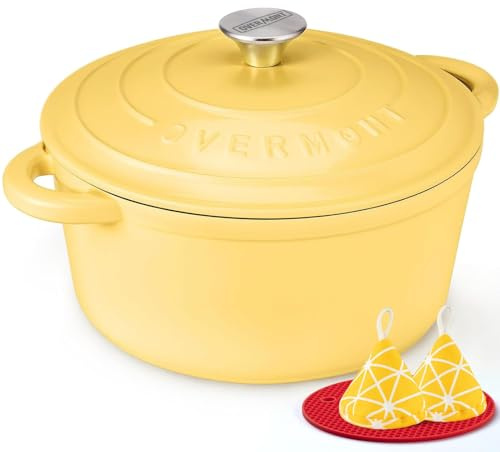 Overmont 28cm/6.6L Enamelled Cast Iron Round Casserole Dish With Lid,7QT, Cookbook -Non-stick Dutch Oven for Braising, Stews, Roasting, Bread Baking - Goose yellow