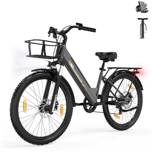 Runetic 26 Elektrofahrrad, 250-W-Motor, herausnehmbarer 36-V-13-Ah-Akku, bis zu 100 km Reichweite, 7 Gänge, 25 km/h Unterstützung, Unisex-E-Bike, City-Elektrofahrrad (Grau)