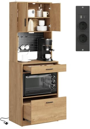 SoBuy Alacena de Cocina con 2 Tomas y 2 Puertos USB 60×40×170 cm | Armario despensa de cocina con luz magnética con sensor, para microondas, ideal para espacios pequeños, PB(E1)+MDF FSB98-E-N