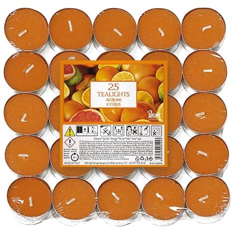Price's Petali Brand Scented Tealights | 25 Pack Tealights 4 Hour Burn Time | Available in Multiple Scents (Citrus)