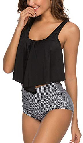 Vertvie Damen Bikini Set Neckholder Ruffles Strap Badeanzug High Waist Zweiteiler Swimsuits top + Hose Tankini Push Up Beachwear(Streifen 1,L)